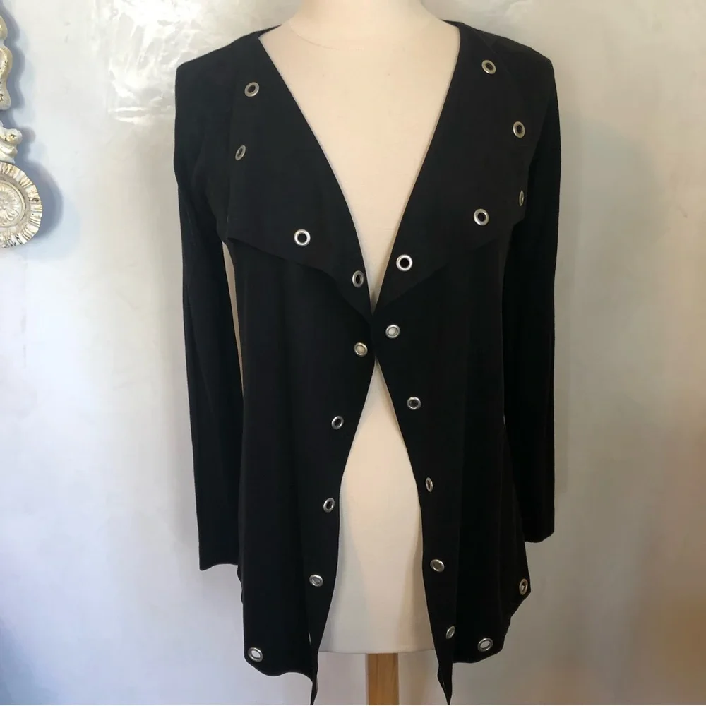 Zara Black faux Suede waterfall knit cardigan w/sliver eyelet grommet Size Small